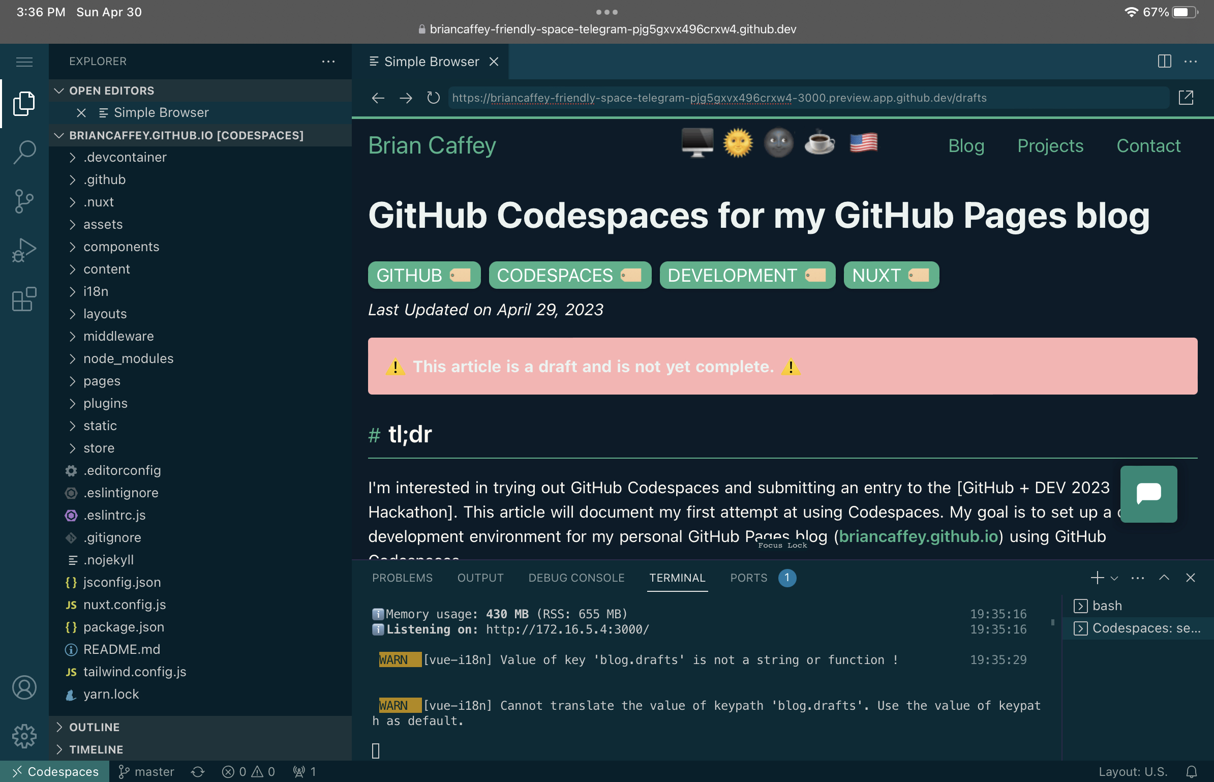 GitHub Codespaces running on my iPad